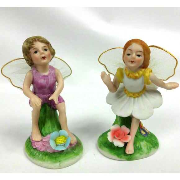 Vintage Enesco 1979 Porcelain Bisque Fairy Woodland Pixie Figurine 3 Inch Set - Picture 1 of 9